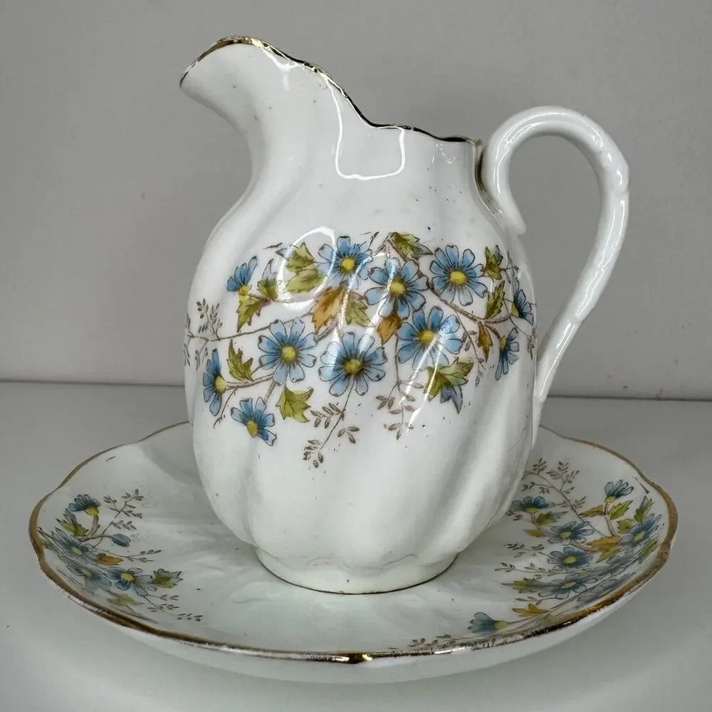 Antique Thomas Morris Niobe Creamer & Underplate Blue Floral Made in England
